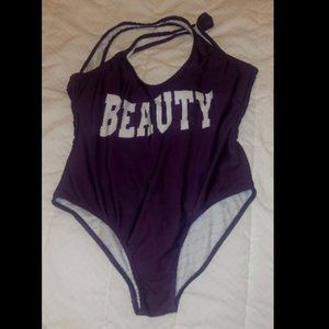 RARE! Marilyn Monroe Purple "Beauty" Logo one piece Bathing suit Swim L RGUC